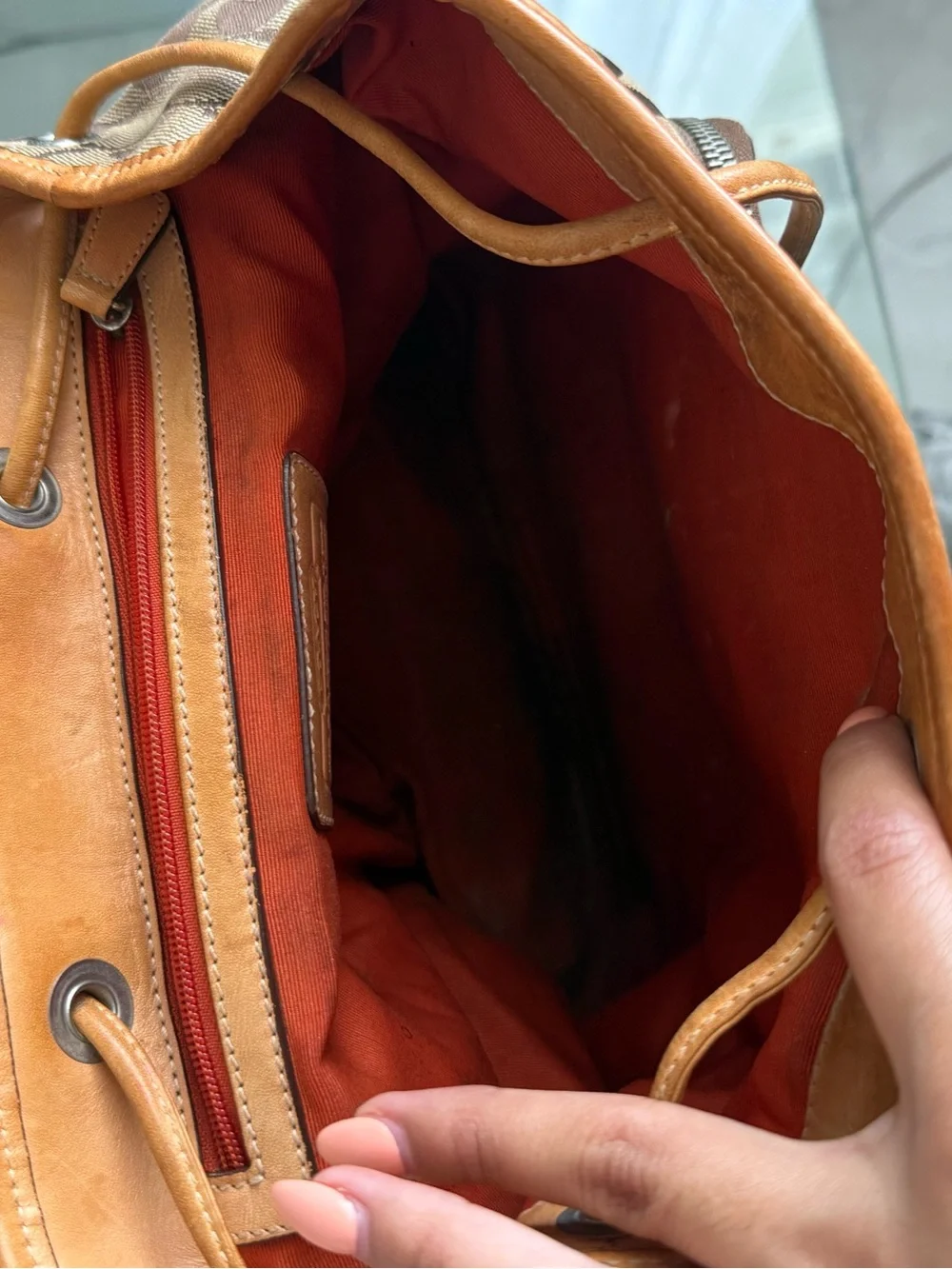 Coach Brown Signature Canvas Backpack with Tan Leather Trim